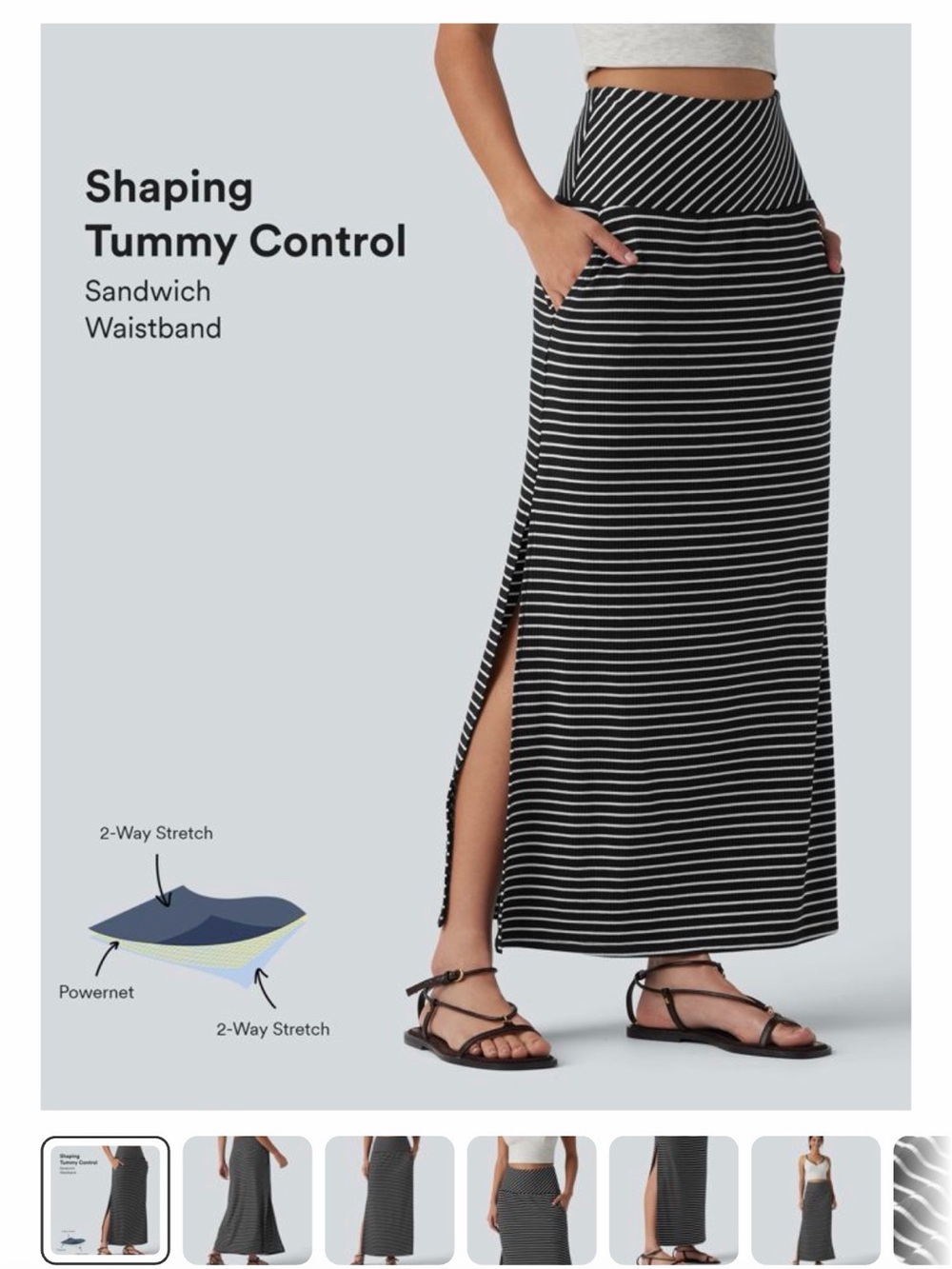 HALARA Black & White Striped Maxi Skirt with Side Pocket Slit
